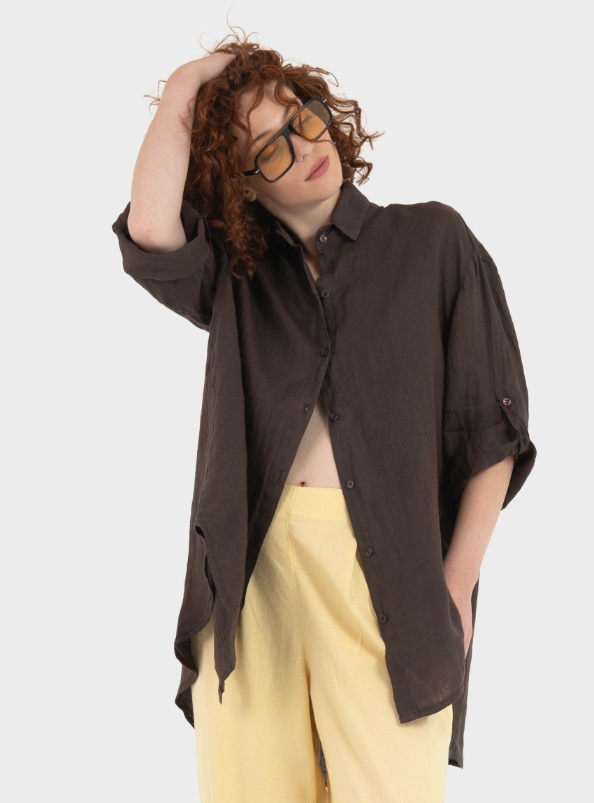 Black & Black  Linen Shirt - Brown