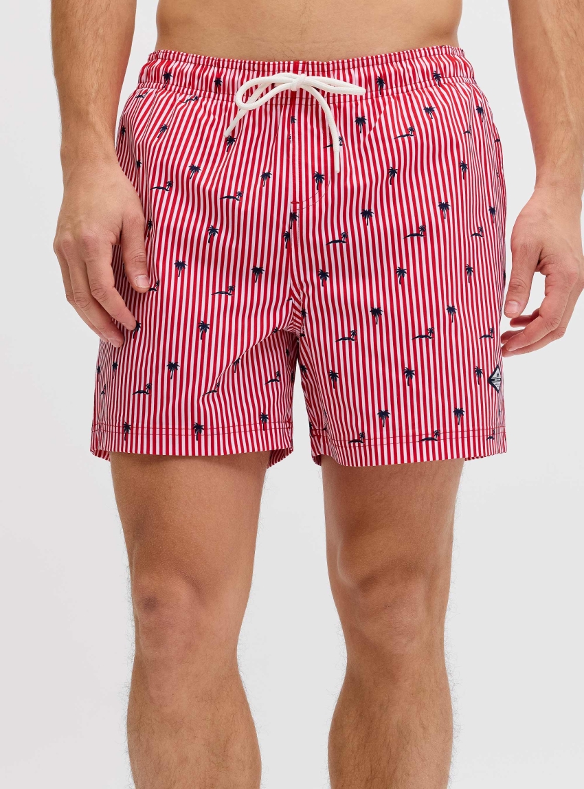 Jack & Jones Maui Breeze Mini Stripe Swim Shorts - Red