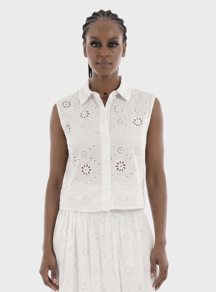 Only Alithea Sleeveless Embroidery Short Shirt - White