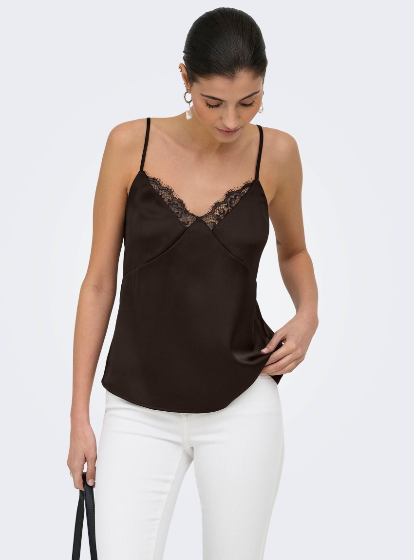 Only Faraya Strap Lace Satin Top - Brown