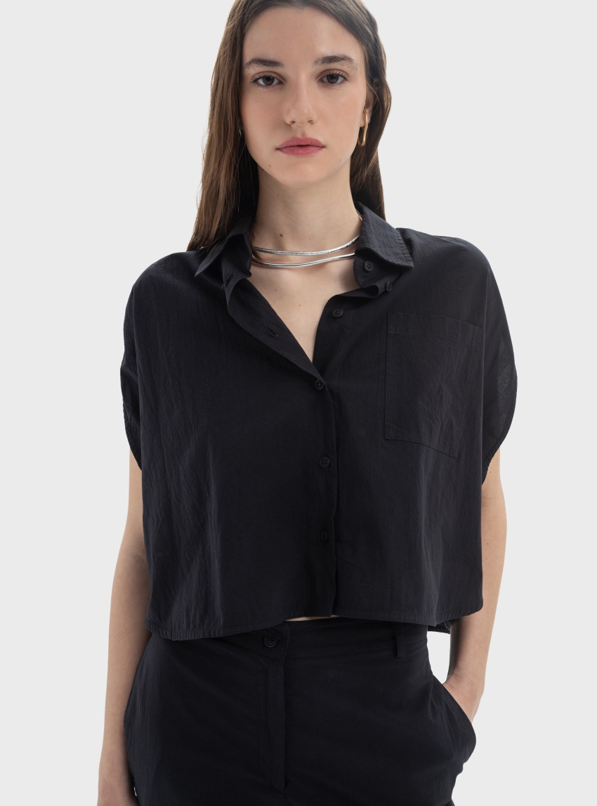 Black & Black  Cropped Shirt - Black