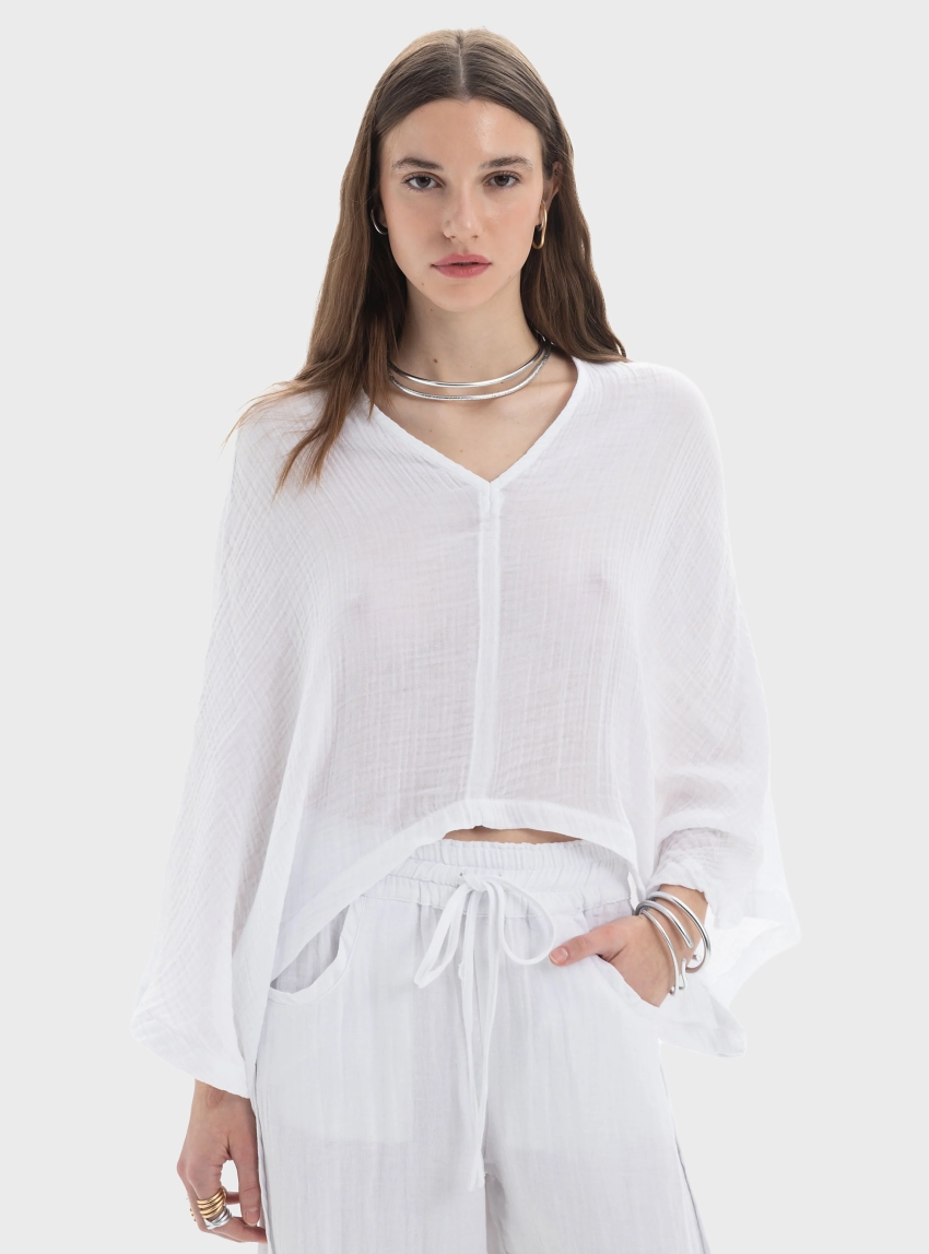 Black & Black  Sheer V-Neck Blouse - White