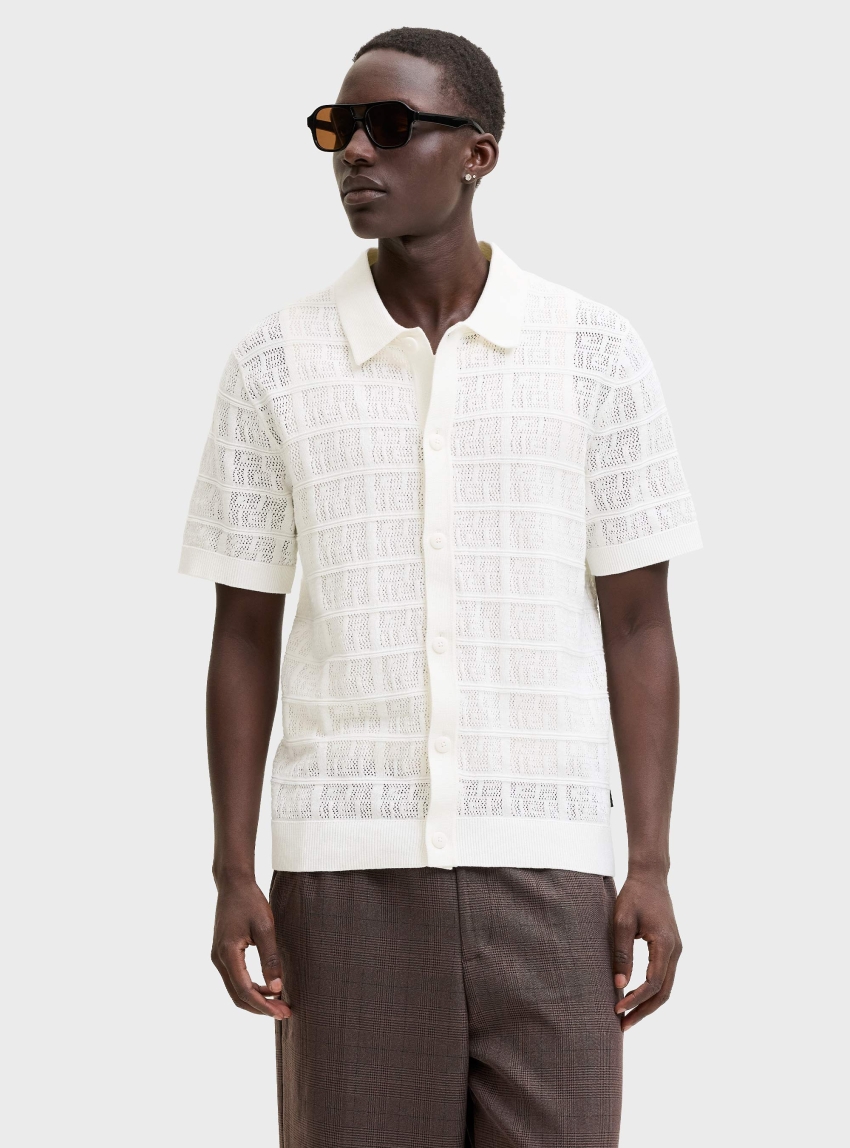 Jack & Jones Premium Palmer Knit Button Through Polo Shirt - White
