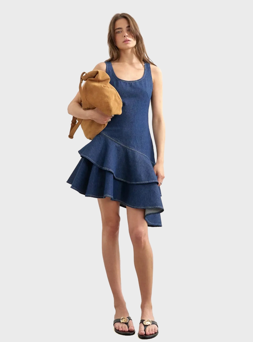 Topshop Tsannie Denim Ruffle Dress Blue - Dark Aged Denim
