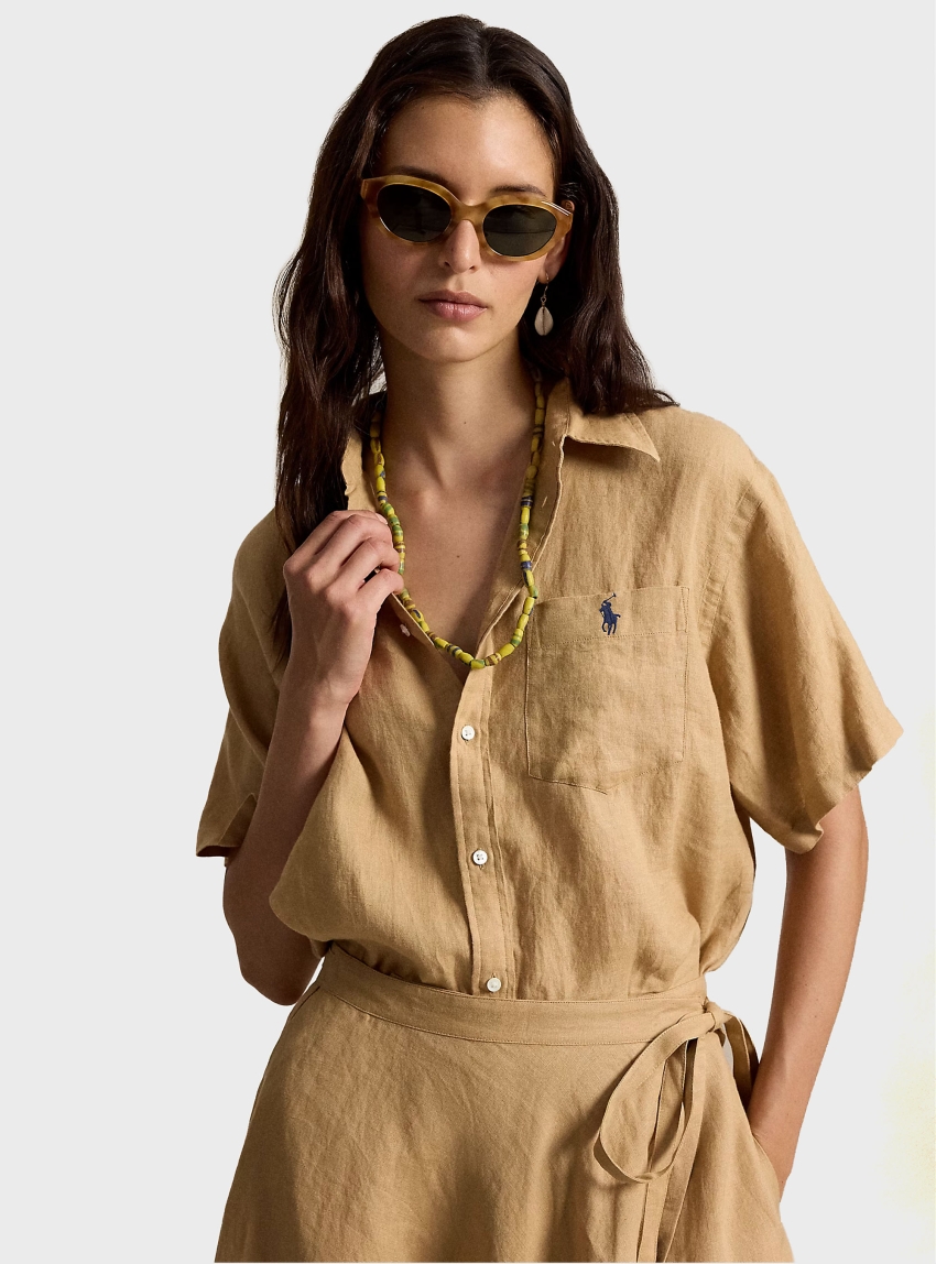 Polo Ralph Lauren Oversize Fit Linen Short-Sleeve Shirt - Camel