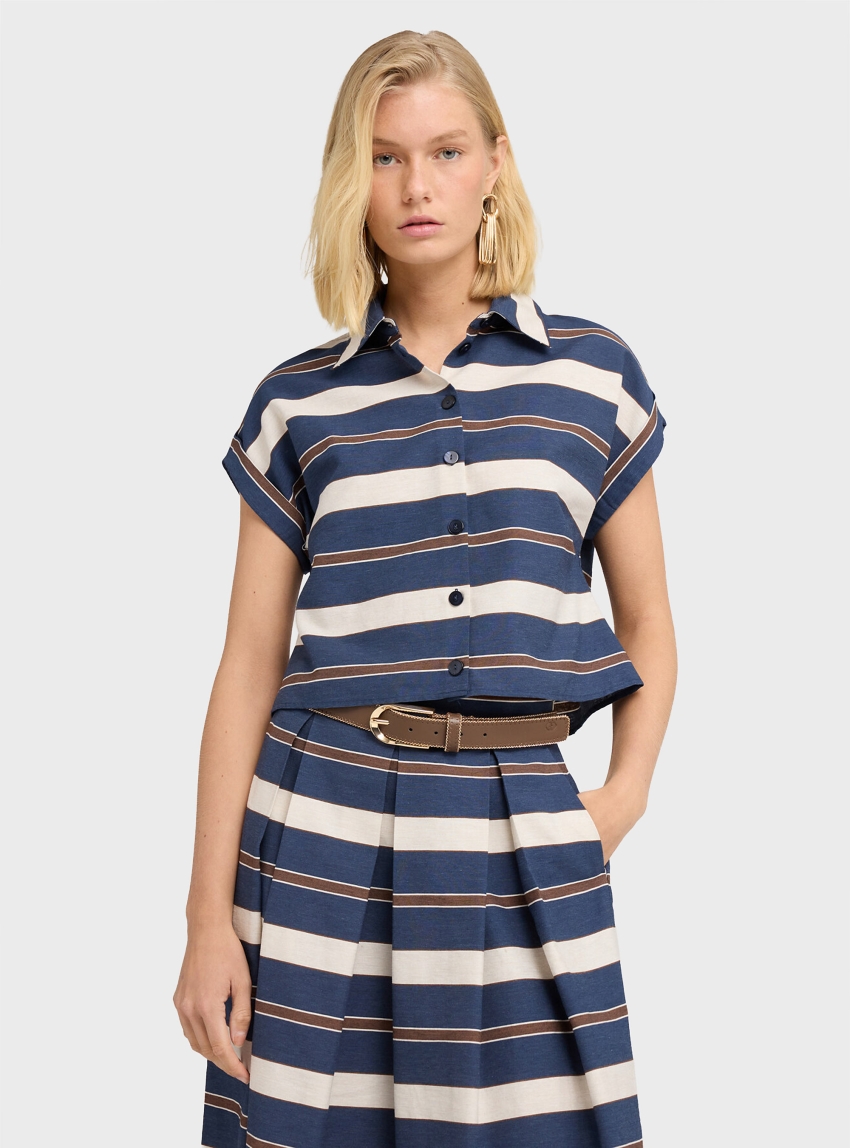 Motivi Striped cotton blend boxy shirt - Blue