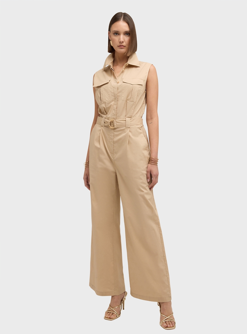Motivi Long poplin jumpsuit with belt - Beige
