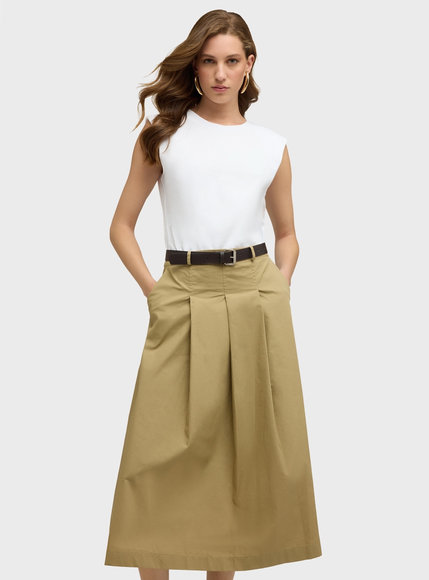 Motivi Midi dress with belt and poplin skirt - Beige