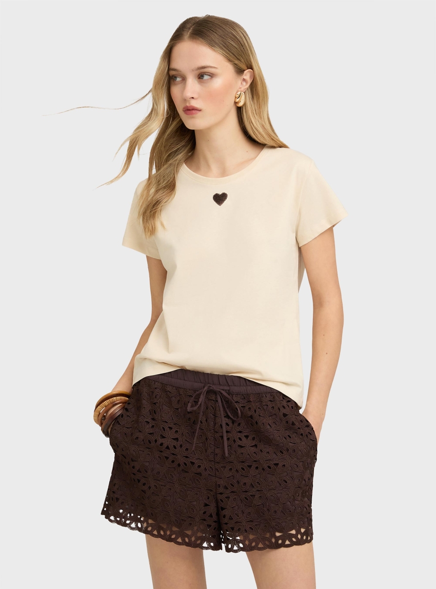 Motivi Jersey t-shirt with sequin heart - Light Beige