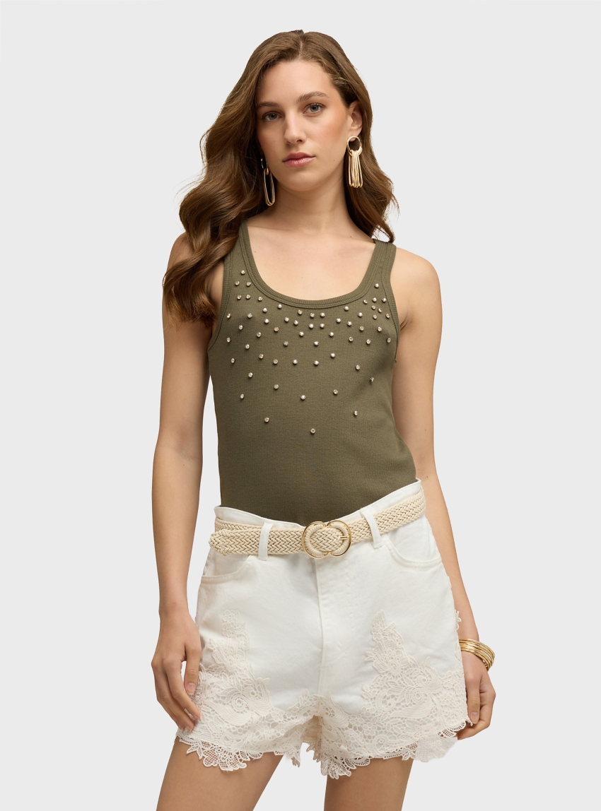 Motivi Top with stone embellishments - Olive