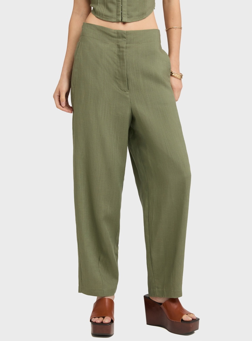 Motivi Pleated linen blend trousers with cuffs - Olive