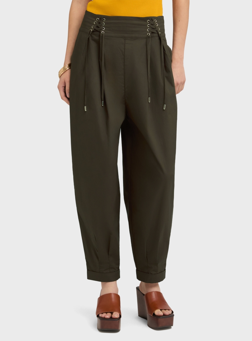 Motivi Barrel-leg poplin trousers with corset-detail waistband - Olive