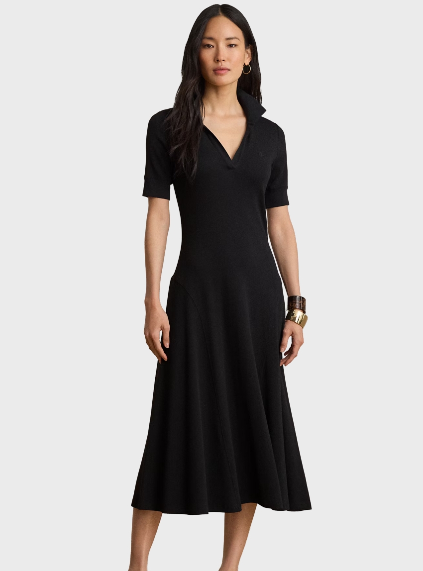LAUREN Ralph Lauren Rib-Knit Elbow-Sleeve Polo Dress - Black