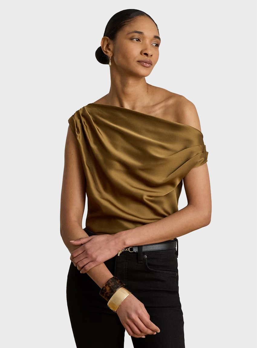 LAUREN Ralph Lauren Satin Charmeuse Off-The-Shoulder Blouse - Brick Brown