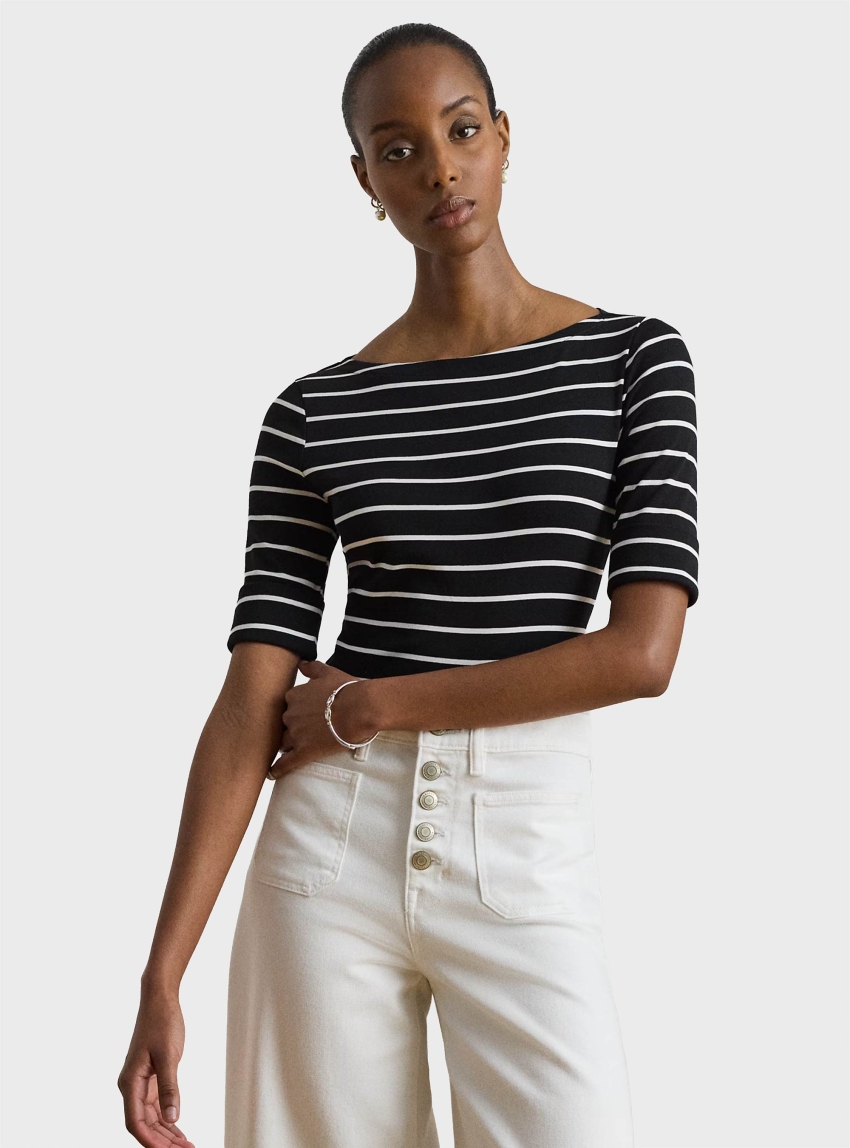 LAUREN Ralph Lauren Striped Stretch Cotton Boatneck T-Shirt - Black