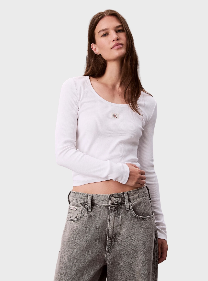 Calvin Klein Ribbed Cotton Long Sleeve Top - White