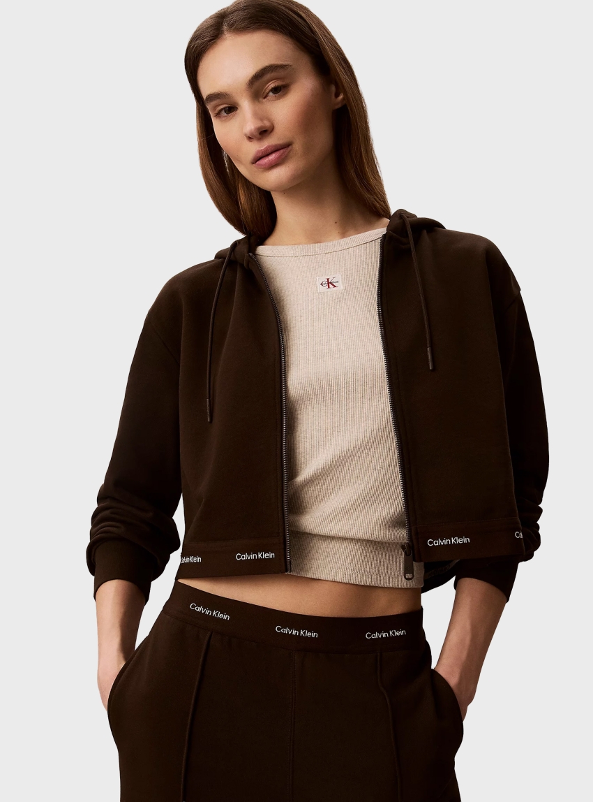 Calvin Klein Cropped Logo Elastic Zip Hoodie - Dark Brown
