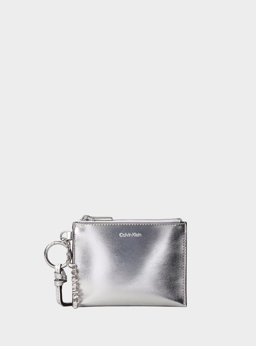 Calvin Klein Metallic Logo Zip Pouch Bag Charm - Silver