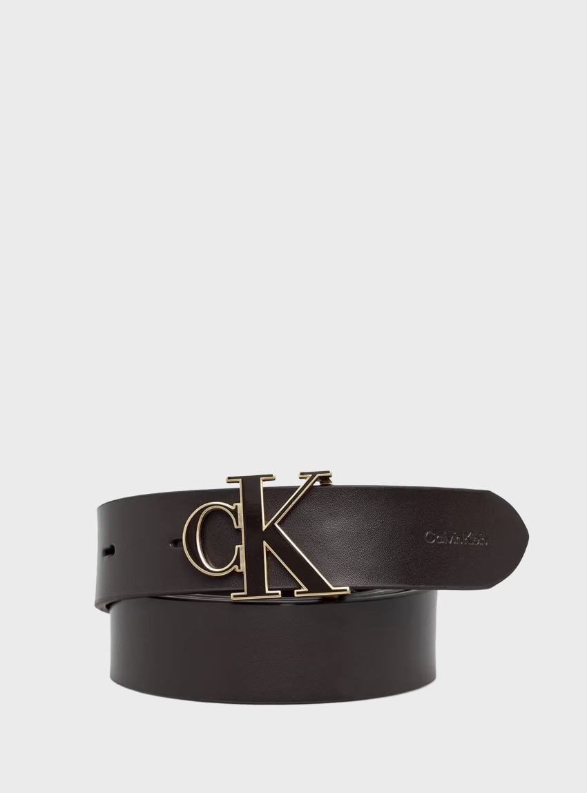 Calvin Klein Full-Grain Leather Logo Buckle Belt - Brown