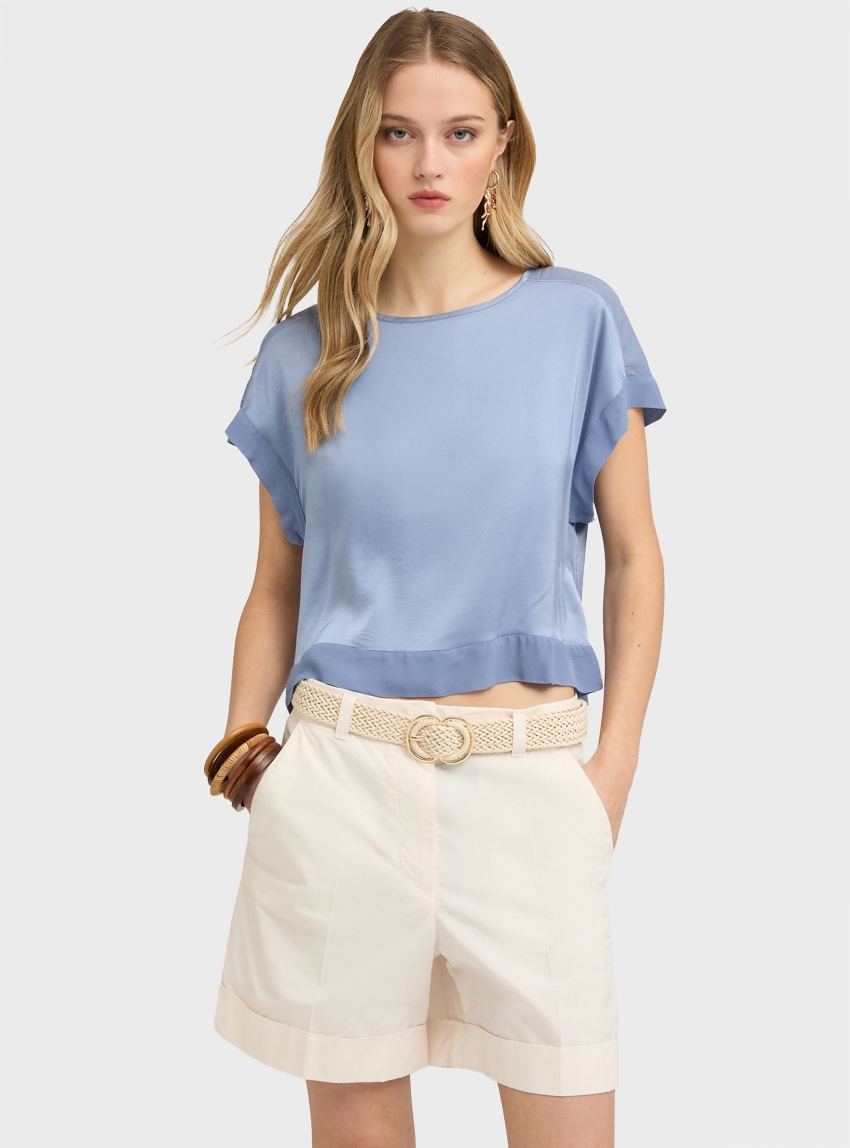 Motivi Satin Blouse With Boat Neckline - Sky Blue