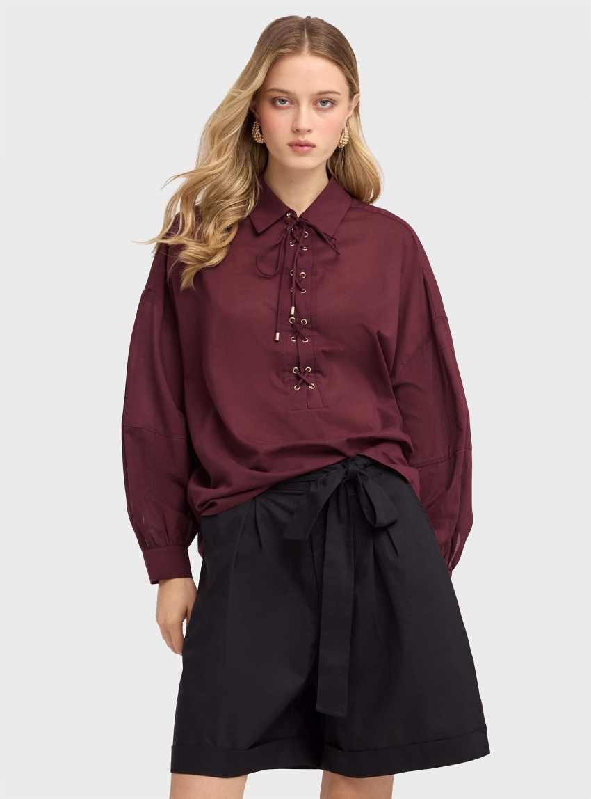 Motivi Oversized muslin shirt with ties - Bordeaux
