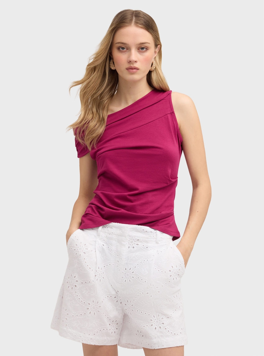 Motivi Jersey top with asymmetric boat neckline - Fuchsia