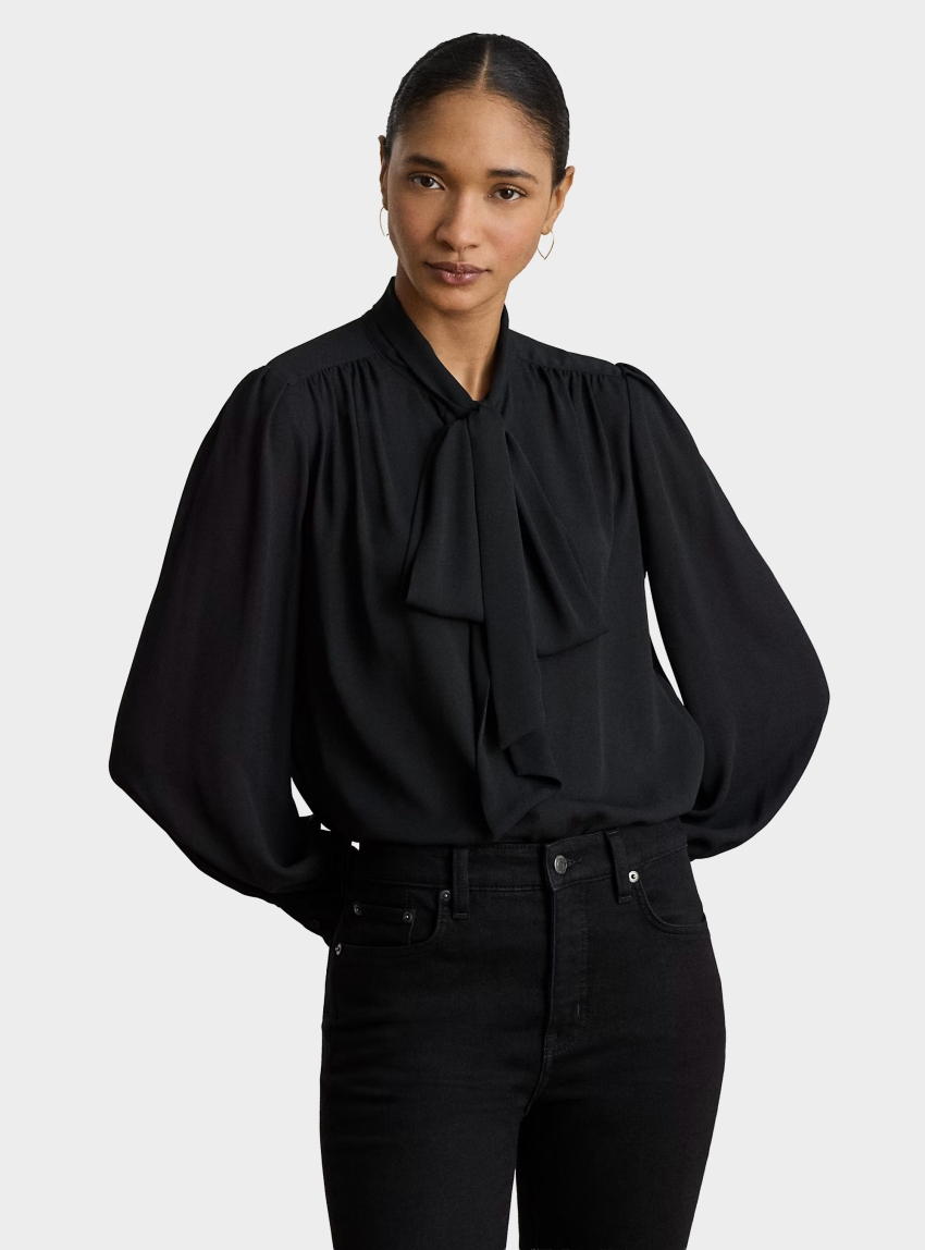 LAUREN Ralph Lauren Georgette Tie-Neck Blouse - Black