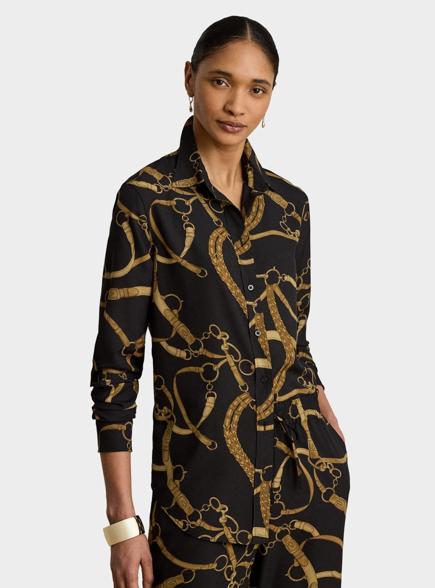 LAUREN Ralph Lauren Classic Fit Belting-Print Crepe Shirt - Black