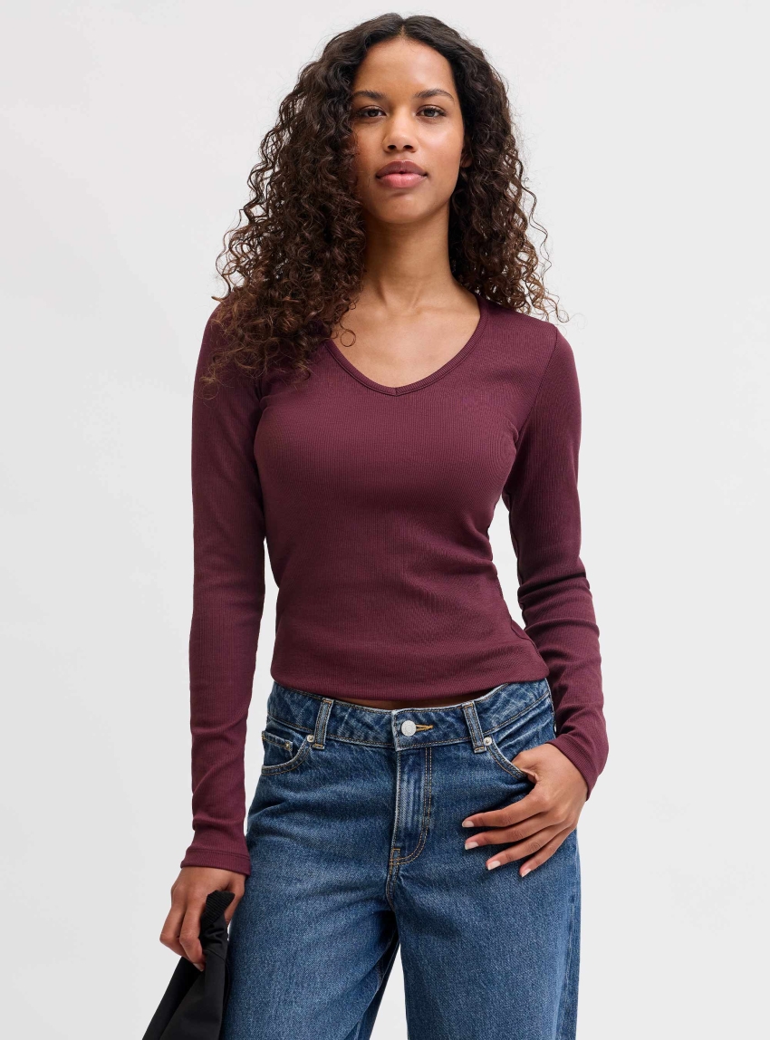 JJXX Freya Long Sleeve V-Neck Top - Bordeaux