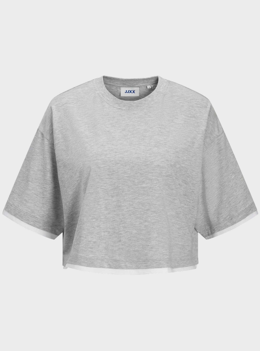 JJXX Andrea Cropped Contrast Tee - Light Grey Melange
