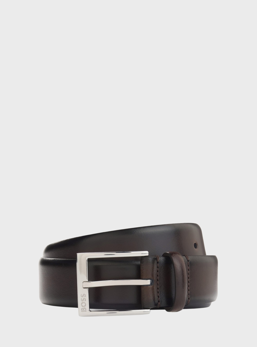 BOSS Italian-Made Belt With Branded Buckle Elloy-PC-An_Sz35 - Dark Brown