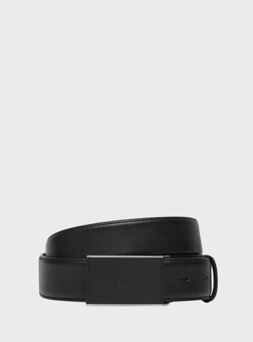 BOSS Leather Belt With Logo Plaque Buckle  Skar_Sz35 - Black