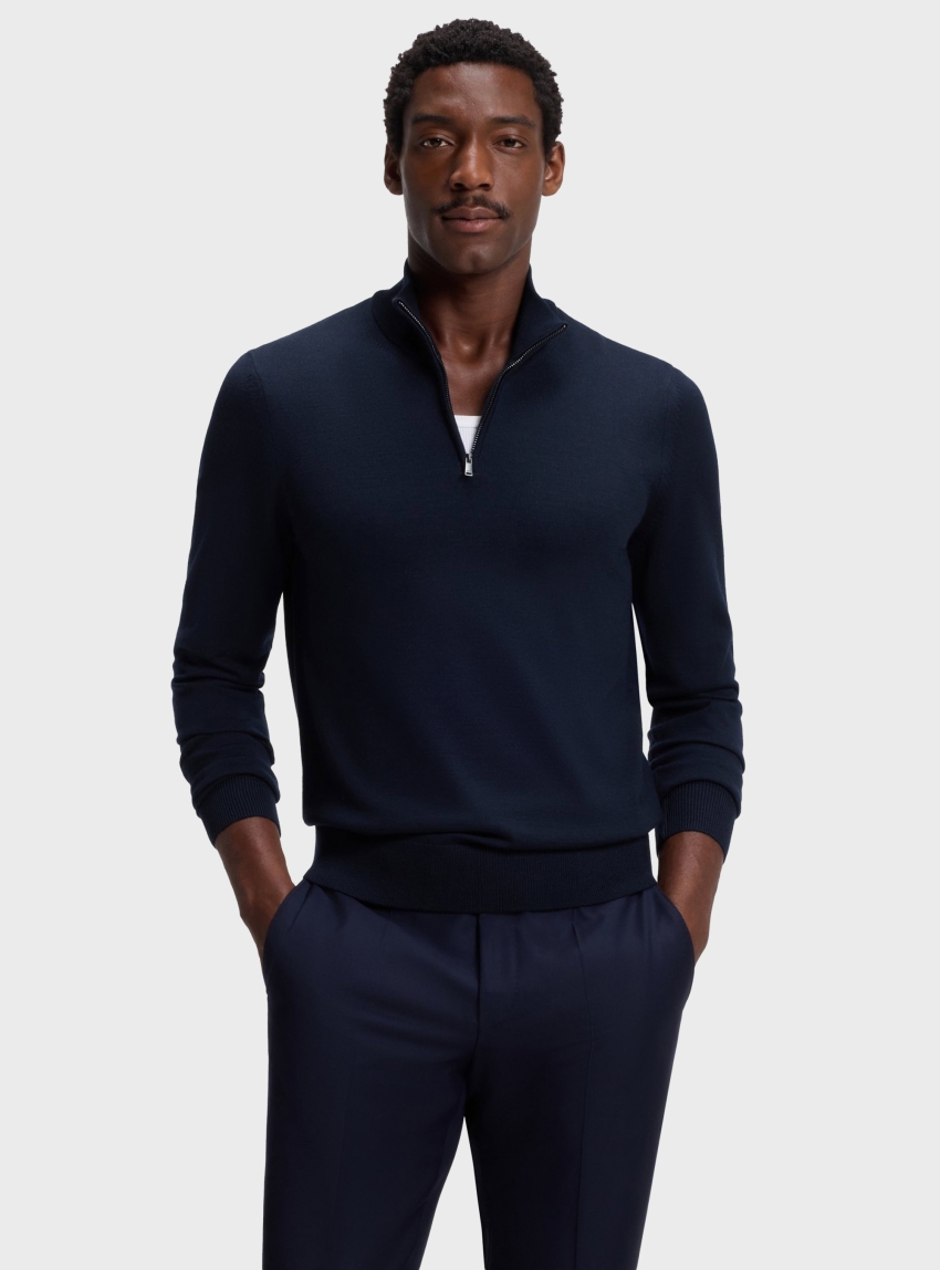 BOSS Merino-Wool Sweater With Zip Neck  H-Ebenji - Dark Blue