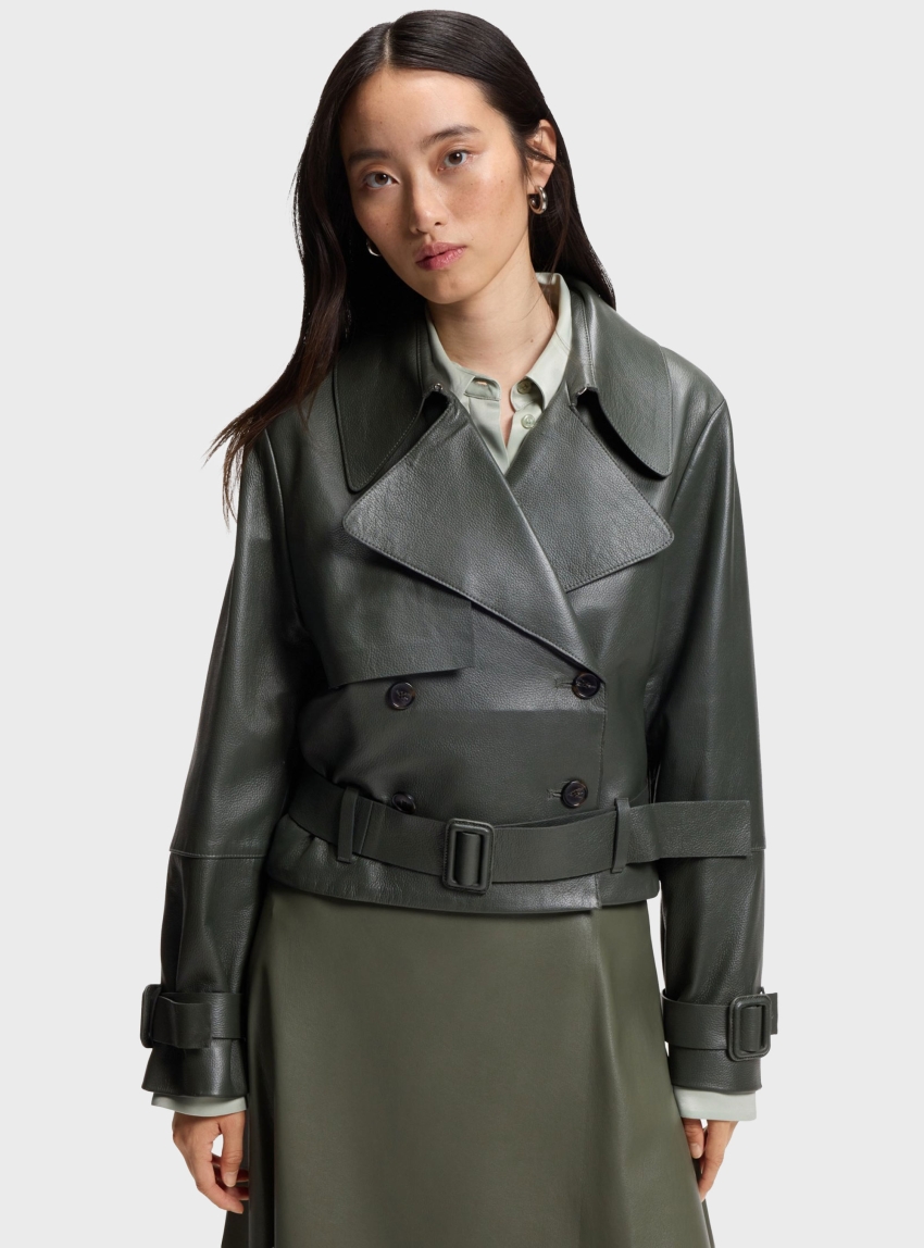 BOSS Leather Jacket With Trench Styling  Satela1 - Olive 