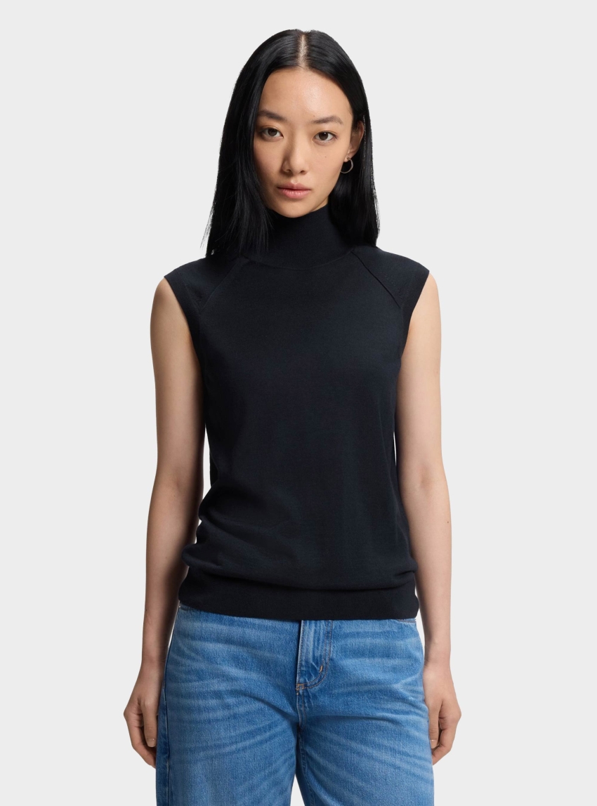 BOSS Sleeveless Mock-Neck Sweater In Merino Wool Fipini - Dark Blue
