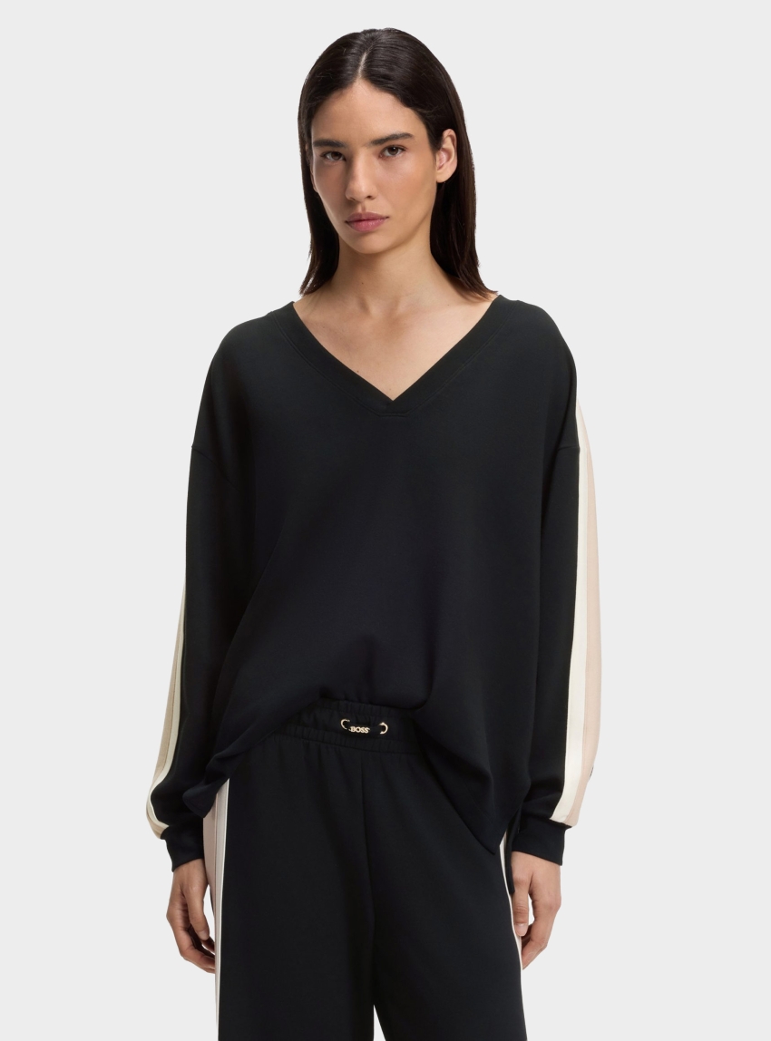 BOSS V-Neck Sweatshirt With Contrast Sleeve Stripes  TONE_Sweatshirt - Black
