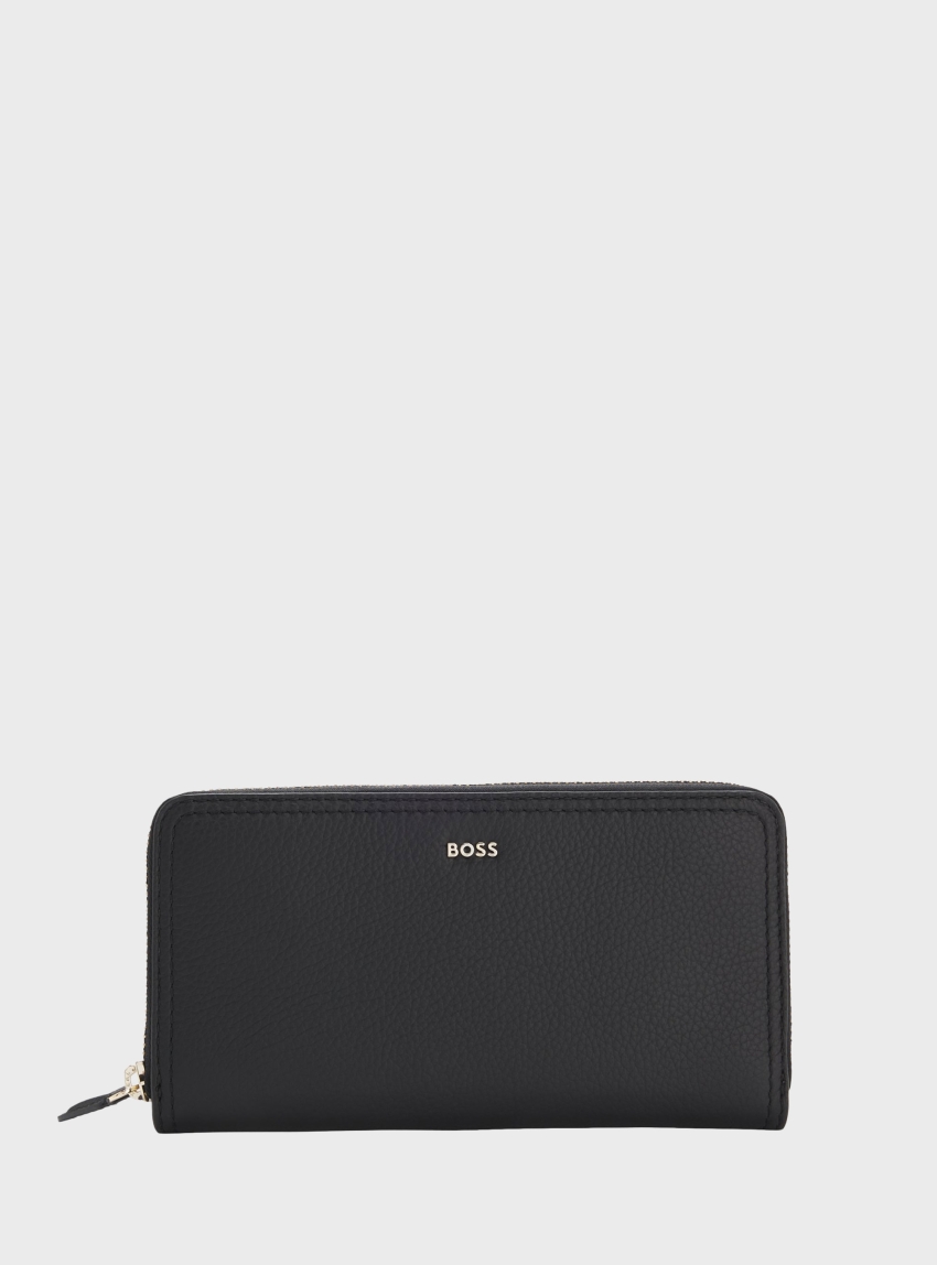 BOSS Ziparound Wallet In Grained Leather With Metallic Logo Lettering Lenah Ziparound - Black