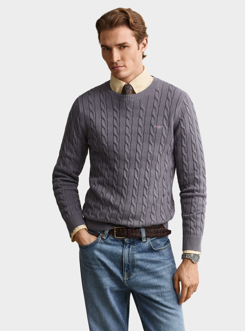 Gant Cotton Cable Knit Crew Neck Sweater - Grey
