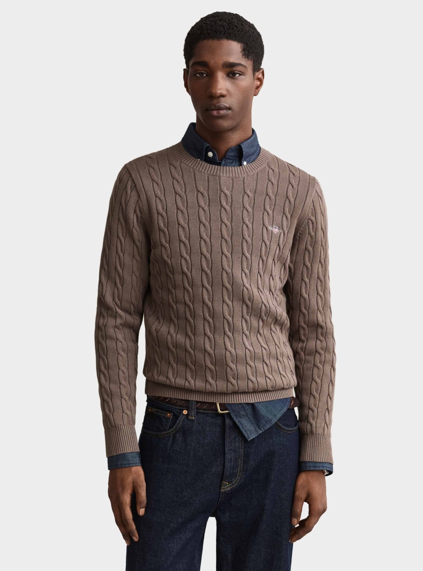 Gant Cotton Cable Knit Crew Neck Sweater - Taupe