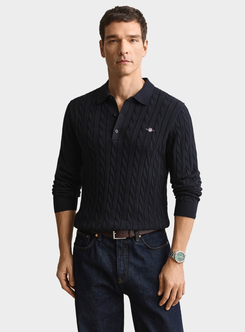 Gant Cotton Cable Knit Polo Sweater - Dark Blue