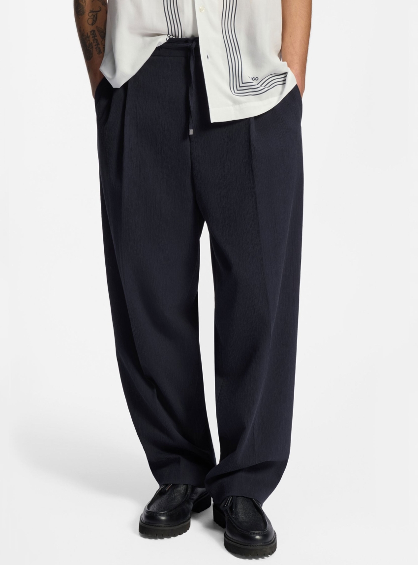 HUGO Modern-Fit Trousers In Performance-Stretch Seersucker Tari263X-H - Dark Blue
