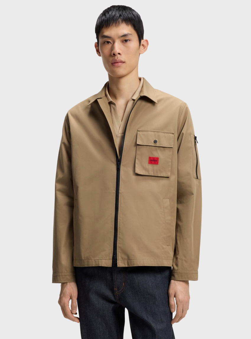 HUGO Zip-Up Cotton-Blend Canvas Overshirt With Logo Label  Emmond - Beige