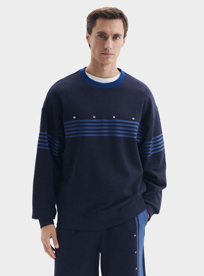 HUGO Relaxed-Fit Sweatshirt In Cotton Terry With Printed Stripes Demso - Dark Blue