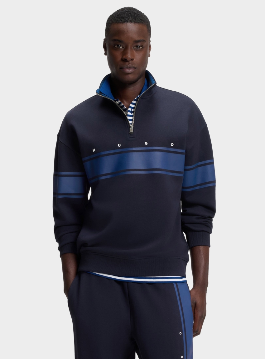 HUGO Zip-Neck Cotton Sweatshirt With Printed Stripes Demsizip - Dark Blue