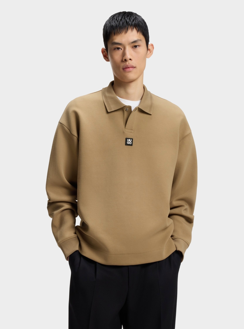 HUGO Structured Cotton-Blend Sweatshirt With Polo Collar  Dabins - Beige