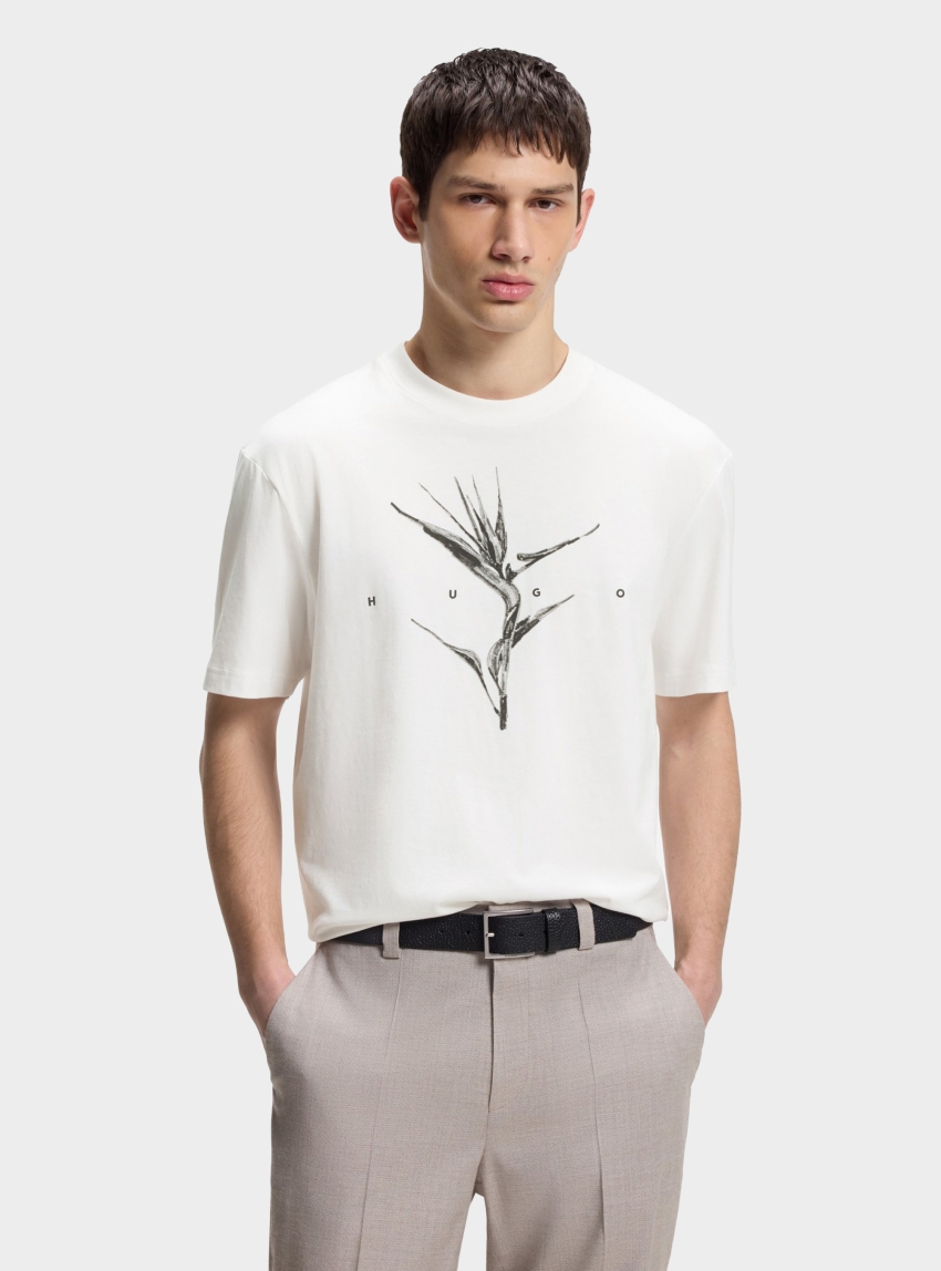 HUGO Relaxed-Fit T-Shirt In Cotton With Artwork And Logo  Darise - White