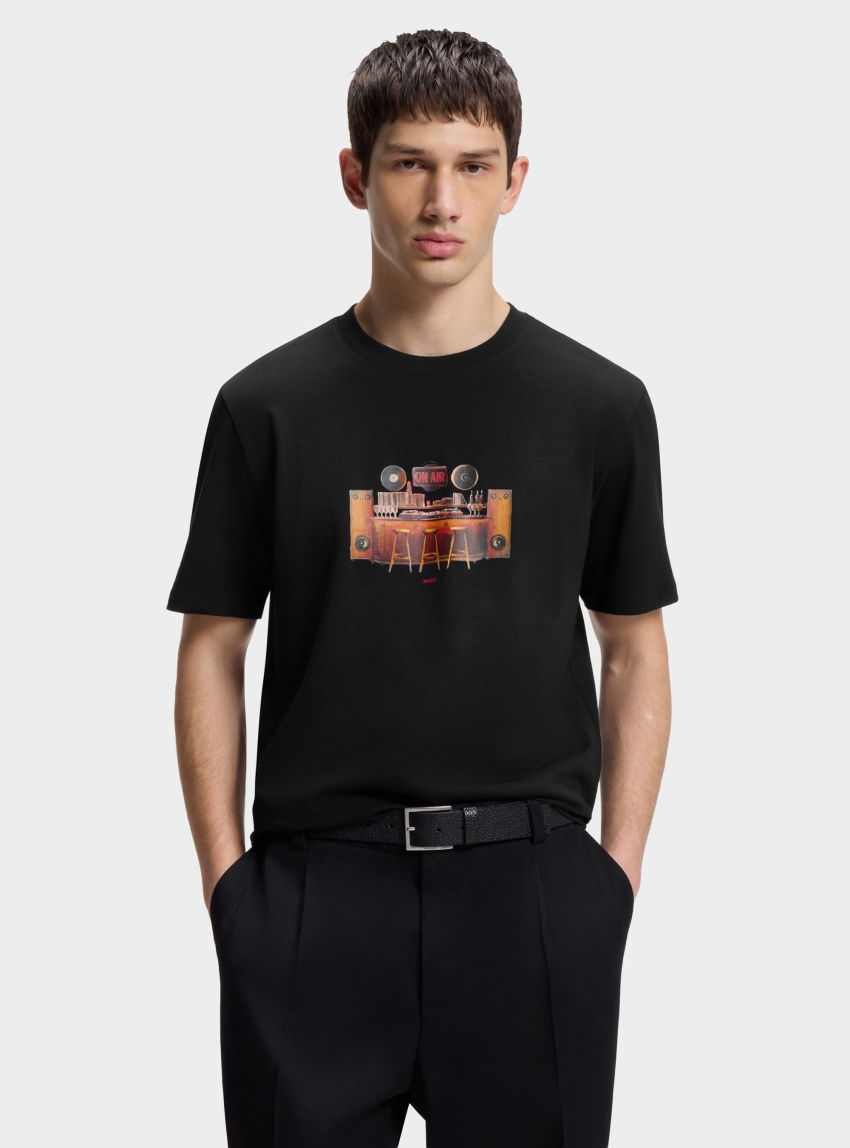 HUGO Cotton-Jersey T-Shirt With Printed Artwork  Durectee - Black