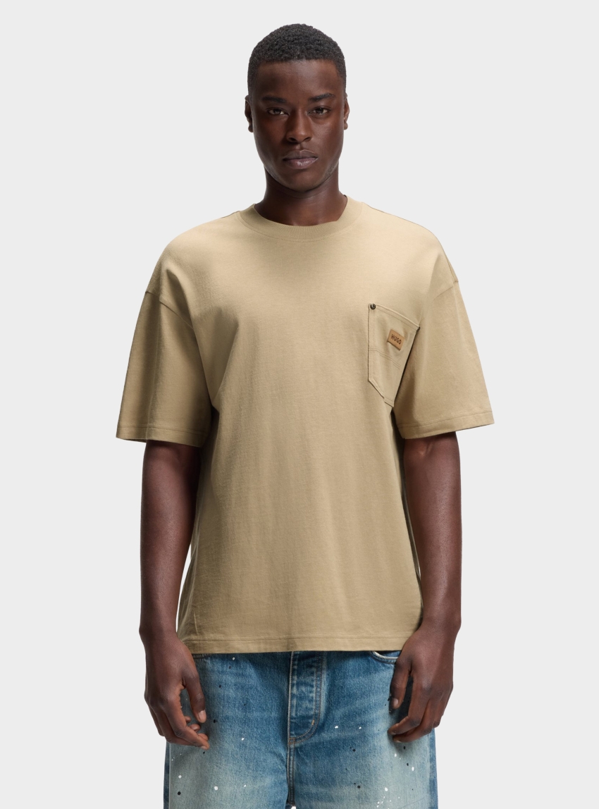 HUGO Loose-Fit T-Shirt In Cotton With Suede Logo Badge Nevado - Beige