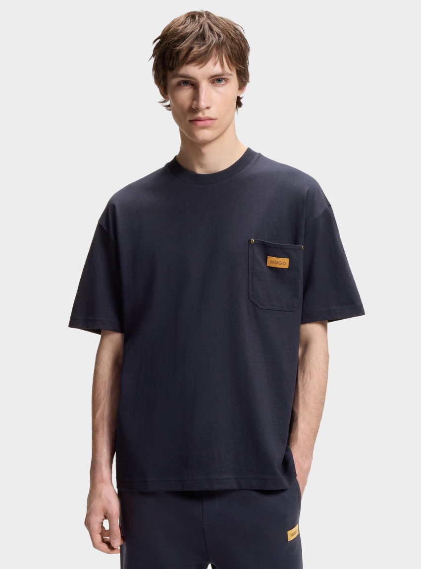 HUGO Loose-Fit T-Shirt In Cotton With Suede Logo Badge Nevado - Dark Blue