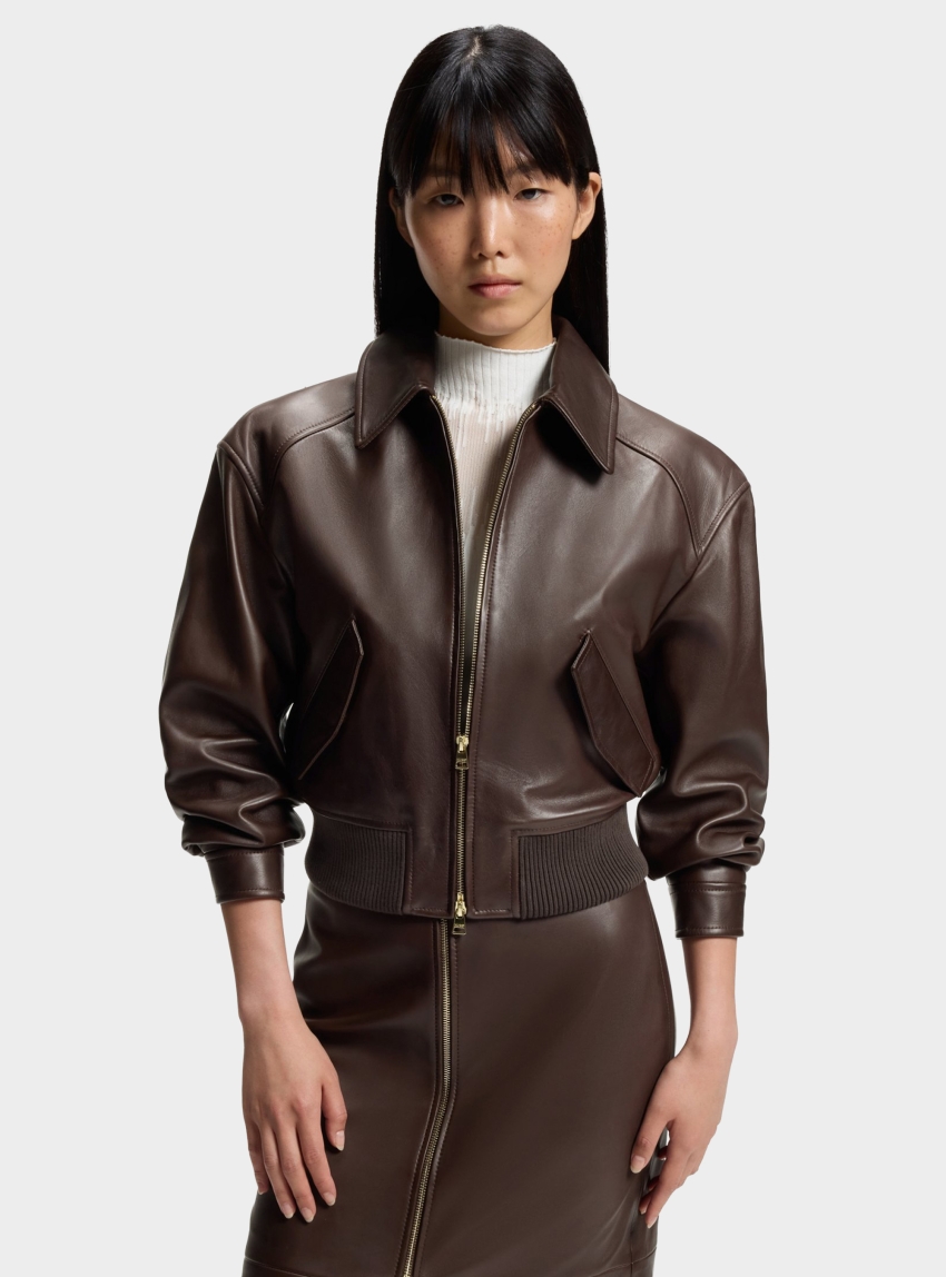 HUGO Cropped Leather Bomber Jacket In A Relaxed Fit Laceila - Brown